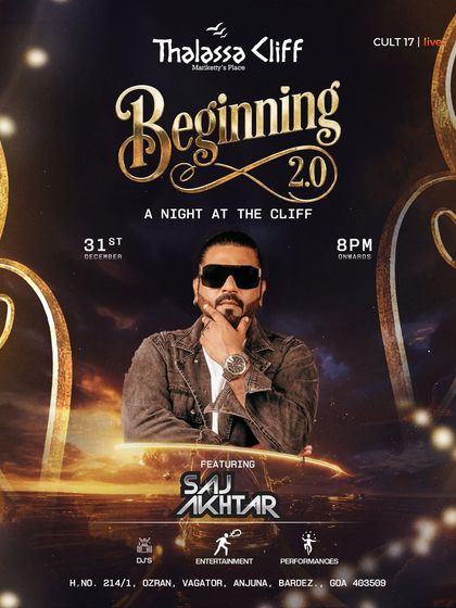The poster for a New Year's Eve event in Goa with DJ Saj Akhtar. The design incorporates the cliffside venue and ocean backdrop, selling not just the music but the entire destination experience.