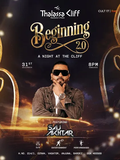 The poster for a New Year's Eve event in Goa with DJ Saj Akhtar. The design incorporates the cliffside venue and ocean backdrop, selling not just the music but the entire destination experience.