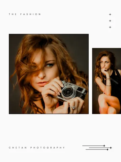 This stylized layout combines a direct, engaging portrait with a candid shot. The use of a vintage camera as a prop adds a playful, meta element to this fashion shoot.