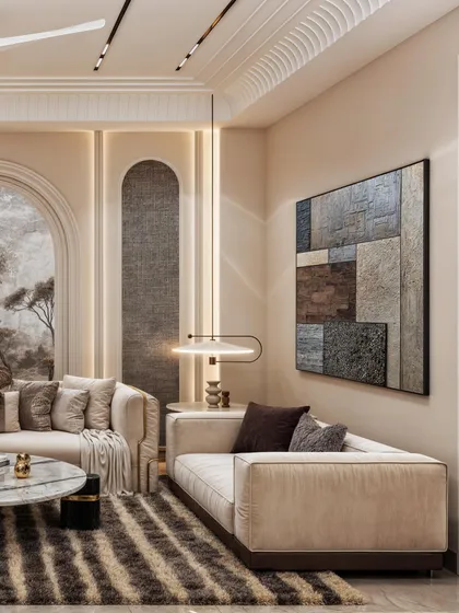 Another angle of the lobby, showcasing a different art piece and the soft, ambient lighting scheme.