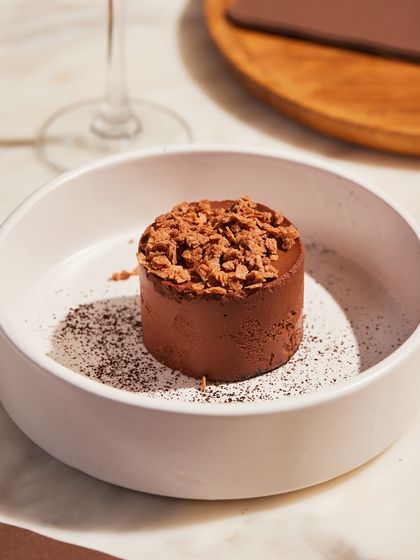 A perfect scoop of our Bitter Chocolate Mousse, showcasing its smooth texture and rich cocoa powder dusting. It's a simple yet powerful statement of flavor.
