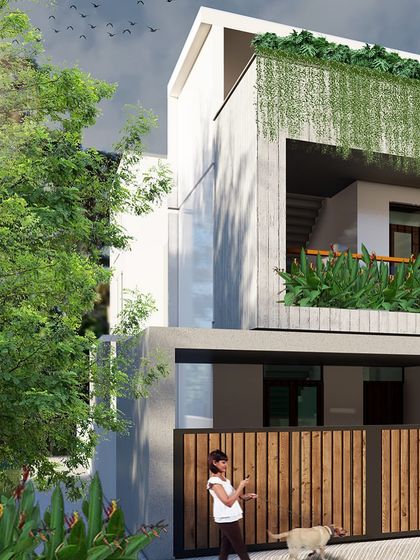 This facade option for a JP Nagar home uses a simple wooden gate and a cantilevered upper floor with an integrated planter. The hanging creepers create a living curtain, adding a soft, natural element to the clean, modern lines of the building.