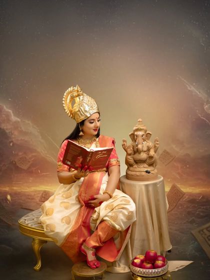 In this creative portrait, the mother-to-be reads from a holy book beside Lord Ganesha, with ancient scriptures floating in a cosmic sky, symbolizing the passing of knowledge and wisdom.