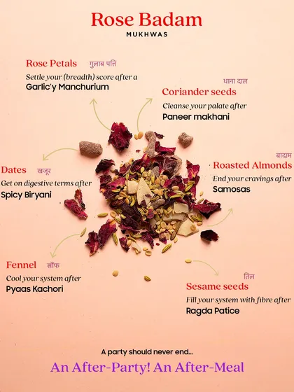 My Rose Badam Mukhwas is more than just a mouth freshener. This visual breaks down the benefits of each natural ingredient, from rose petals that freshen your breath to coriander seeds that cleanse the palate after a heavy meal.