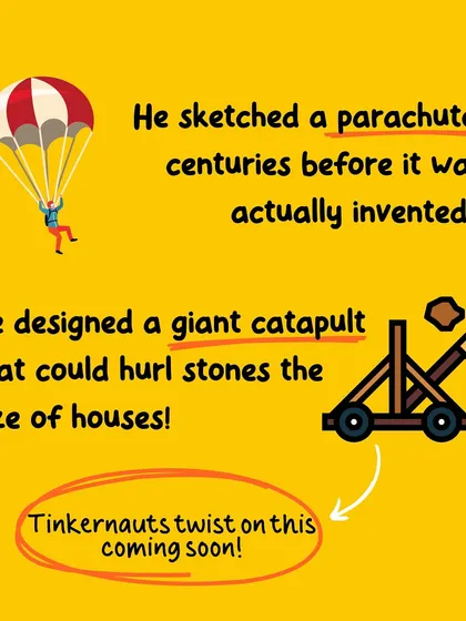 A duplicate image showing Da Vinci's designs for a parachute and a giant catapult, hinting at our own catapult kit inspired by him.
