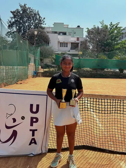 Our star junior, Eshita, showcasing her hard earned trophies after a successful week at the SS U-16 Bengaluru tournament. She reached the singles final and won the doubles title, demonstrating the all round competitive skills we build in our players.
