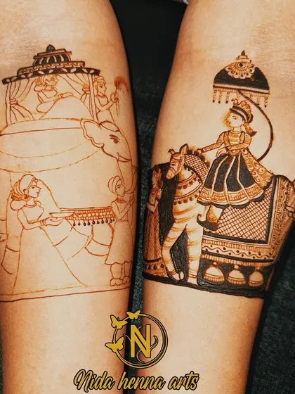 A side-by-side comparison of the outline and the final filled-in design for a royal bride and groom entry. This shows the dramatic transformation that detailed work brings.