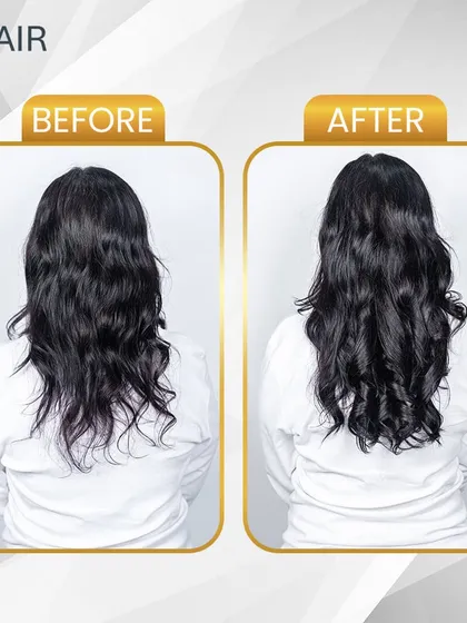 See the difference a simple clip-in set can make. This transformation adds instant volume and length, turning flat, wavy hair into a fuller, more styled look with beautiful curls at the ends.