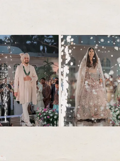 The bride and groom make their individual entrances, framed by celebratory cold pyro fireworks.