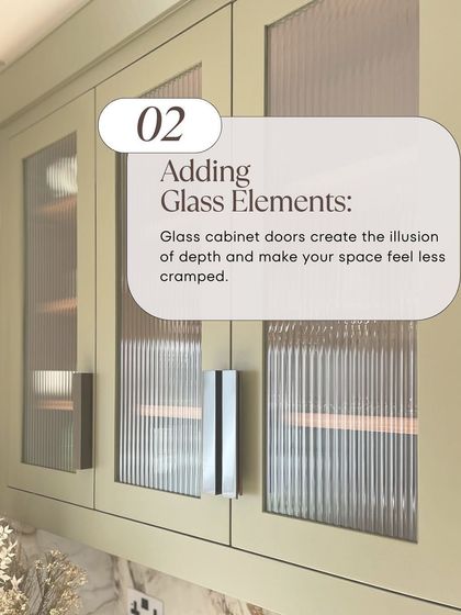 Adding glass elements is another great trick to create an illusion of depth. Glass cabinet doors make your space feel less cramped and allow for stylish displays.