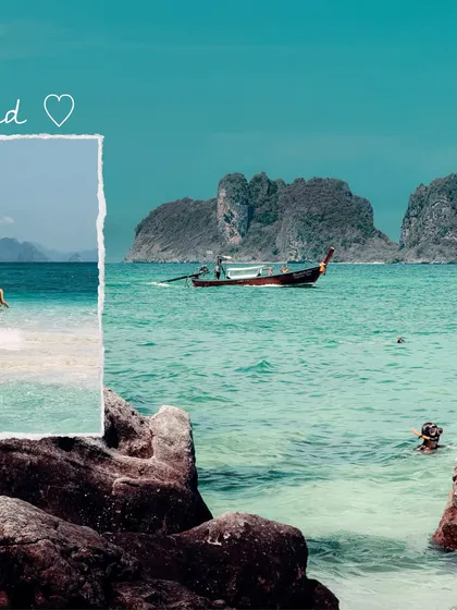 Another collage capturing the essence of a Thai beach vacation, from swimming in clear waters to relaxing on the sand.