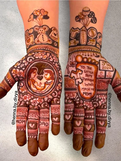 A heartfelt design for a mom-to-be, this mehendi includes a portrait of the parents, a message for their son, and symbols of love like hearts and 'Mom' and 'Dad' inscriptions.