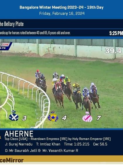 Race 7 results from February 16, 2024: Aherne wins The Bellary Plate.