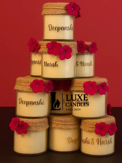 Custom orders are my favorite. For this wedding, I created personalized jute-wrapped jar candles with the couple's names. You can choose the jar, scent, and label to create a truly personal and rustic favor for your guests.