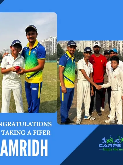 We celebrate individual brilliance. Here, a coach congratulates Samridh for taking a fifer, a massive achievement for any bowler. We are proud to see our young talent shine and grow with every match.