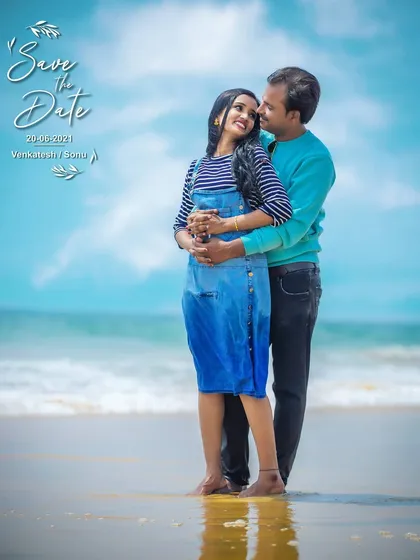 A classic beach "Save the Date" photo. The clear blue sky and ocean provide a perfect, serene backdrop for announcing your wedding date.