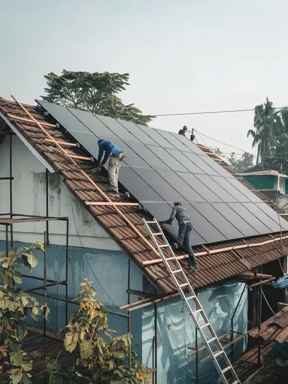 This is what my team does best. A professional solar installation in progress on a residential tiled roof. We use proper scaffolding and safety gear to ensure the work is done perfectly and safely, protecting your home and our team.