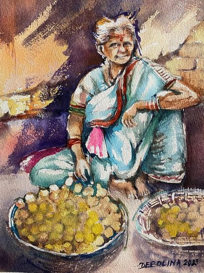 A watercolor painting of a woman selling produce at a market. This piece, which never made it to the 'gram until now, captures her gentle smile and the textures of her wares.