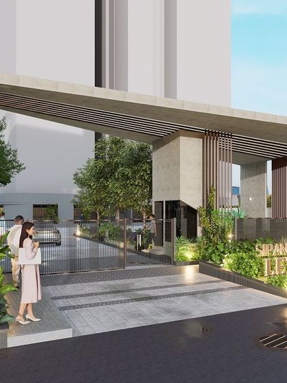 The main entrance gate for the 'Siranu Letizia' apartments. The design uses a combination of concrete, wood-finish vertical slats, and integrated lighting on the lush planters to create a warm, contemporary, and secure sense of arrival for residents.