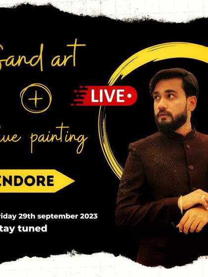 An announcement for a combined sand art and glue painting show in Indore. Let's rock.