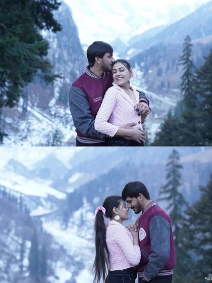 A nostalgic, film-like collage of a couple in matching varsity jackets, sharing a happy moment with the beautiful Manali mountains behind them.