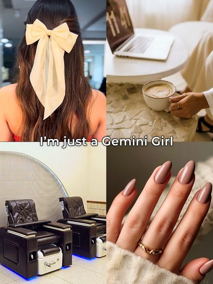 This mood board captures the essence of a Gemini's style. The soft, neutral almond-shaped nails are chic and versatile, reflecting a personality that values both comfort and elegance.