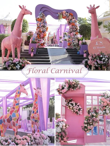 **Haldi Theme: Floral Carnival.** A whimsical and playful theme featuring pastel colors, floral installations, and fun animal props like these pink giraffes for a truly unique Haldi.