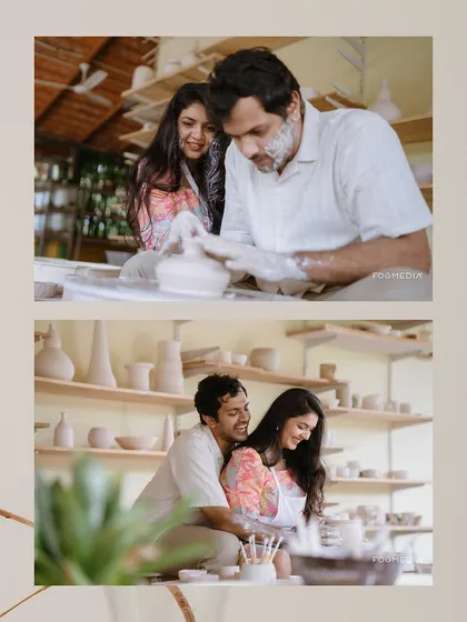 A diptych showing different angles of the couple's pottery-making experience. It showcases both the fun and the focus involved in creating something together.