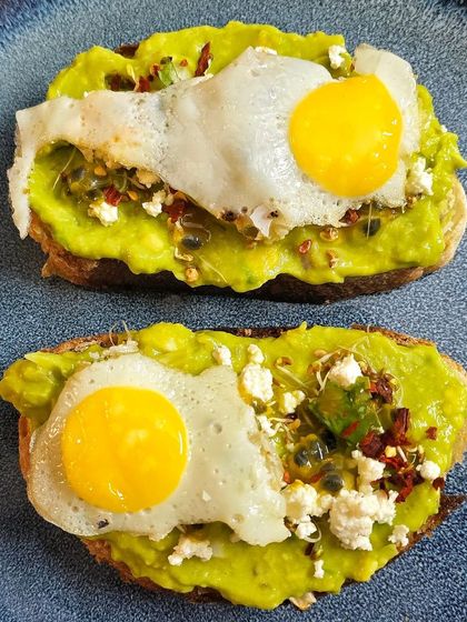 Another angle of our avocado toast with quail eggs. It is a simple, elegant, and nutritious way to start the day.