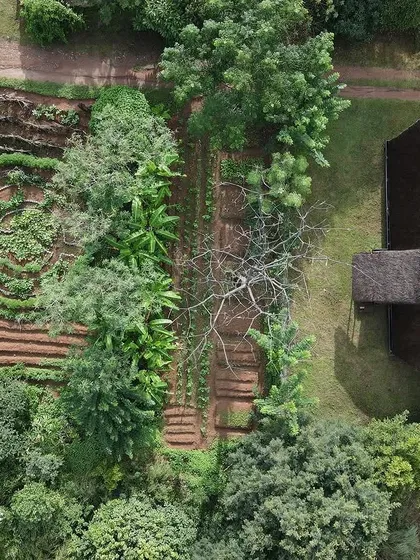 A top-down view of my studio and the permaculture garden at Bandethota. Living and working in nature is fundamental to my philosophy.