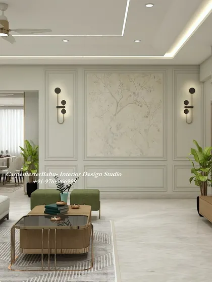This view highlights the elegant wall paneling and modern sconce lights that frame a beautiful piece of abstract art. It's a great example of how to create a sophisticated feature wall that doesn't overpower the room's serene aesthetic.