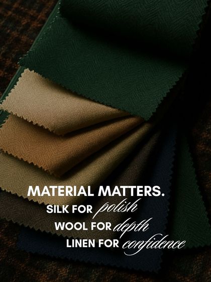 Material matters. This image displays a selection of our fabric swatches, from silk for polish to wool for depth and linen for confidence, illustrating our commitment to using the finest materials.