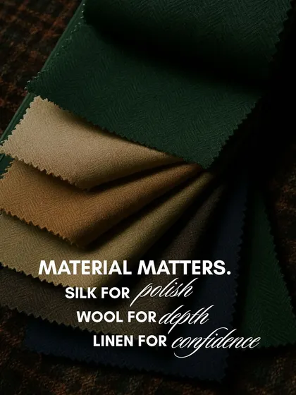 Material matters. This image displays a selection of our fabric swatches, from silk for polish to wool for depth and linen for confidence, illustrating our commitment to using the finest materials.