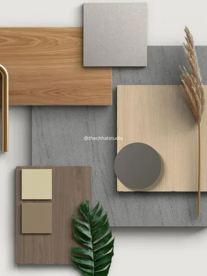 Here is a moodboard showcasing a sophisticated material combination. I've paired different wood finishes with grey stone, brushed metal, and natural elements like dried grass to create a palette that is modern, textured, and timeless.
