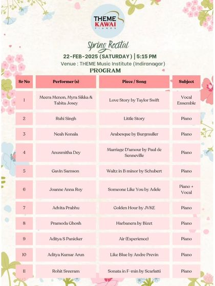 The program for another session of our Spring Recital. We had students performing pop hits from Taylor Swift and Adele, as well as classical works by Schubert and Scarlatti.