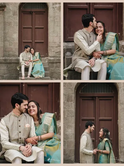 A collection of four intimate moments, from a tender kiss on the forehead to quiet smiles, all set against the warm tones of heritage stone and wood.