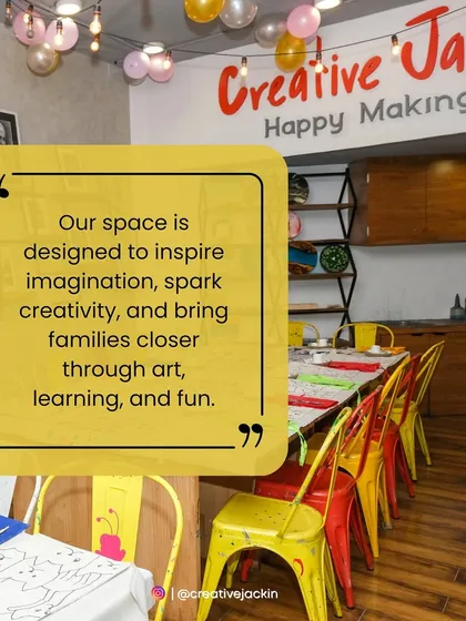 A view of my colorful studio with a quote explaining that the space is designed to inspire imagination and bring families closer through art.