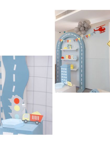 A duplicate image of the unique road-themed shelving unit.