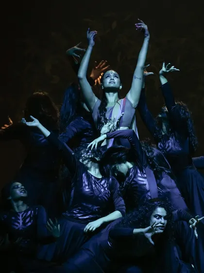 A powerful group formation from the stage production 'Sitayana'. My work often involves choreographing large ensembles, focusing on creating dynamic shapes and synchronized movements that fill the stage.