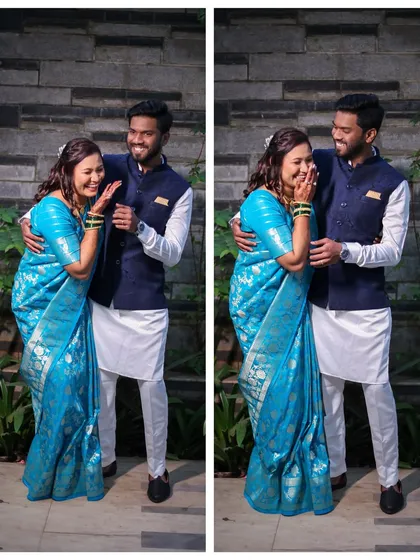 Capturing the playful side of your relationship is just as important as the formal moments. These candid shots show a couple sharing a genuine laugh, creating memories that are full of life.