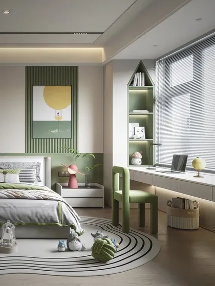 This view showcases the window-side study desk and the house-shaped bookshelf, creating a functional and inspiring area for homework and creativity.
