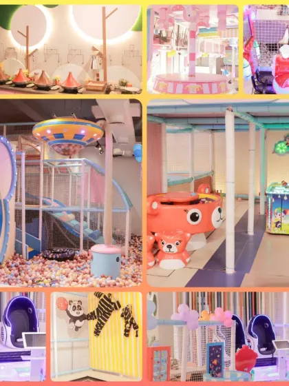 Welcome to our playground paradise! This collage gives you a tour of our safe and colorful indoor play area, featuring slides, games, and lots of space for non-stop excitement.