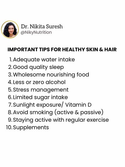 Here are 10 important tips for healthy skin and hair, including adequate water intake, good sleep, stress management, and a wholesome diet. What you consume internally matters most.