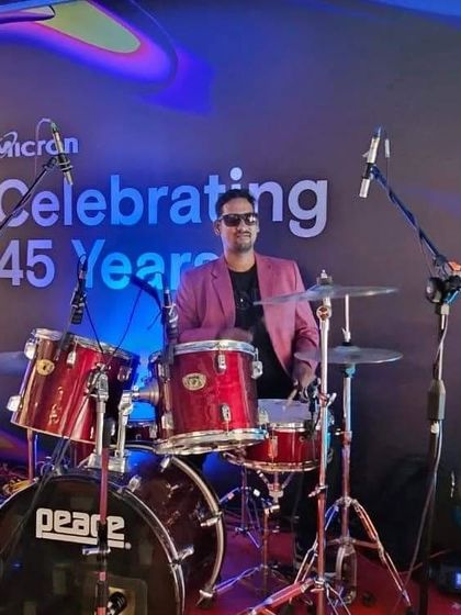 Our drummer enjoying the gig for Micron Technology's 45th-anniversary celebration.
