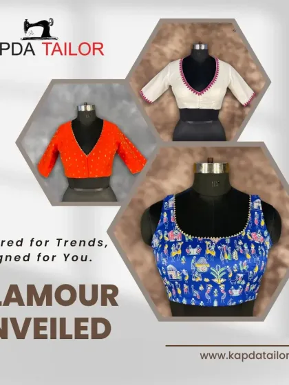 Glamour unveiled. This graphic showcases three of our most glamorous blouses, tailored for trends and designed for you.
