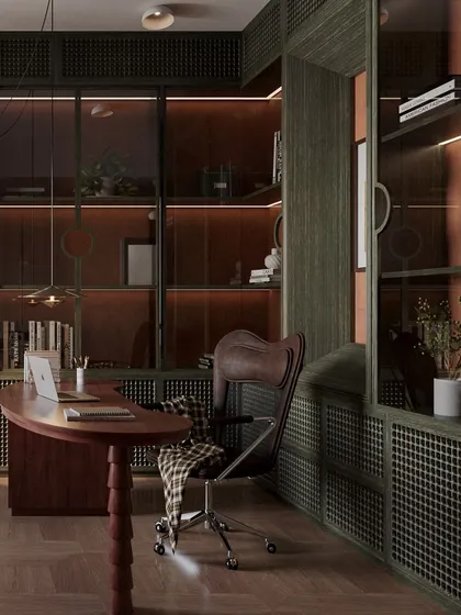 A duplicate of image 68, highlighting the contrast between the green cabinetry and the warm wood desk.