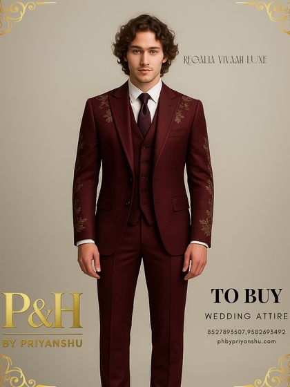 A portrait of the wine-colored suit, capturing its timeless and sophisticated appeal.