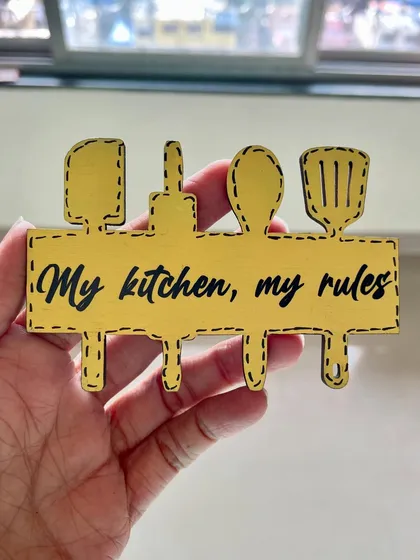 'My kitchen, my rules'. A fun and quirky magnet for the chef of the house, shaped like a collection of kitchen tools.