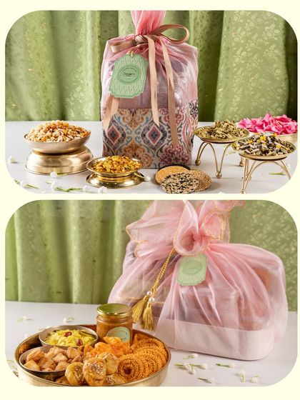 More options from my wedding collection, featuring hampers packed in beautiful brocade and organza potlis. Each one is filled with a unique assortment of my classic Indian sweets and condiments.