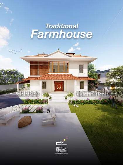 This traditional Kerala-style farmhouse in Hassan shows our expertise in vernacular architecture. We focused on creating a serene vacation home with a welcoming patio, terracotta sloped roofs, and an open verandah, ensuring the design is both timeless and deeply connected to its roots.
